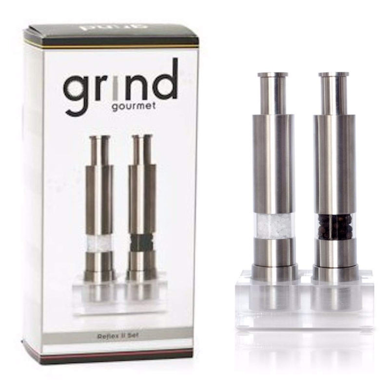 Grind Gourmet Salt and Pepper Grinder Set, Original Pump & Grind Peppermill are Refillable, Modern Thumb Press Grinder, Comes with Black Pepper, Sea Salt and Stand, Works With Himalayan Salts 316 Stainless Steel - BeesActive Australia