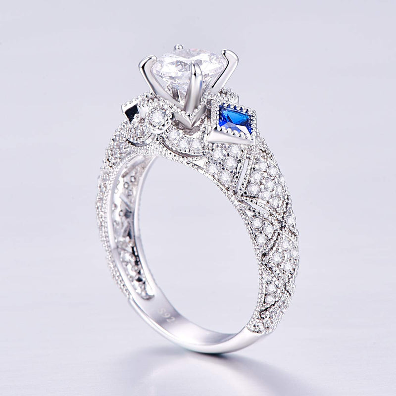 Empsoul 925 Sterling Silver Wide Ring Round Cut White Topaz Royalblue Cubic Zirconia Wedding Engagement Ring for Women Girls Size 5 US5 White & Royalblue - BeesActive Australia
