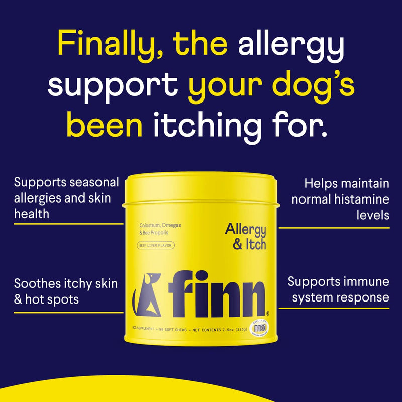 Finn Allergy & Itch Supplement for Dogs | Supports Seasonal Allergies, Itchy Skin, & Immunity | Wild Alaskan Salmon Oil, Bee Propolis & Probiotics | 90 Soft Chews - BeesActive Australia
