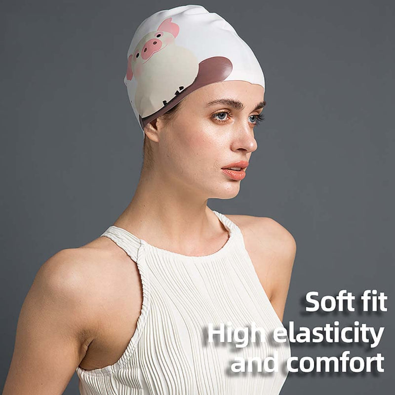 Silicone Swim Cap for Long Hair and Short Hair,3D Soft Stretchable Durable and Anti-Slip to Keep Your Hair Dry,Unisex Bathing Caps Easy to Put On and Off，Adult Swimming Cap Apricot pig 9.45x7.87(in) - BeesActive Australia