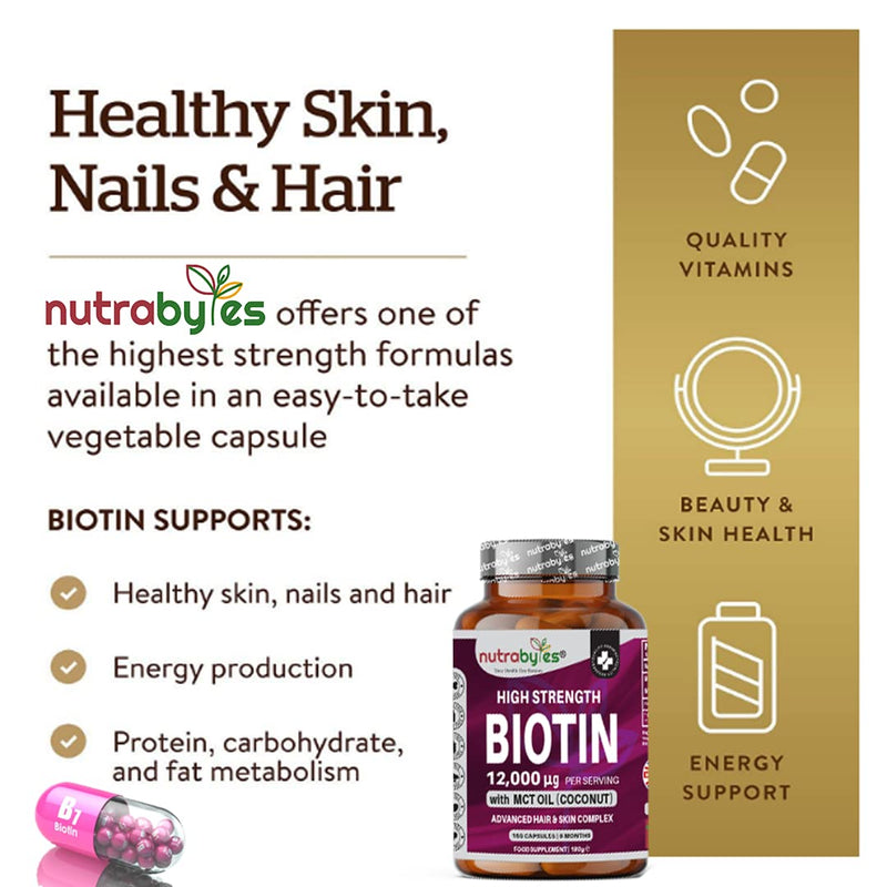 Biotin Hair Growth Supplement 12000mcg enriched with Coconut Oil (MCT) | 180 Vegan Capsules, 6 Months Supply | Hair Growth Supplement Capsules for Men & Women, Healthy Skin, Hair, Nails, Made in UK - BeesActive Australia