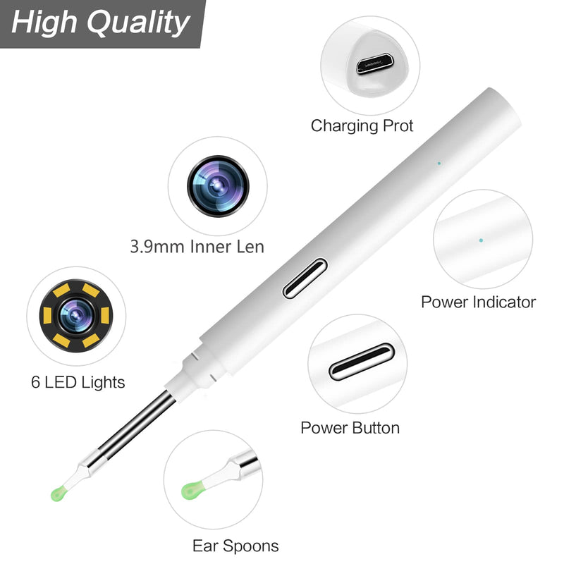 Denchy Ear Wax Removal Kit Camera, Ear Cleaner Otoscope, 3.9mm Inner Len 1080P FHD WiFi Wireless Ear Scope Endoscope with 6 LED Lights, Ear Cleaning, Earwax Remover Tool for Adults Kids Babys (WT) White - BeesActive Australia