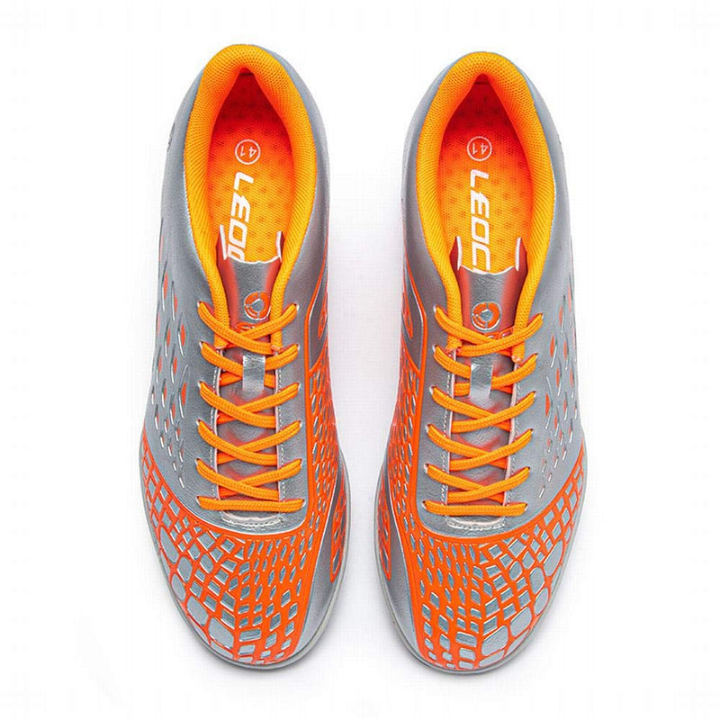 LEOCI Soccer Shoes - Turf Sole Men & Women Kid's Academy Outdoor Football Durable Emboss Rubber Shoes 8.5 Women/7.5 Men Silver/Orange - BeesActive Australia