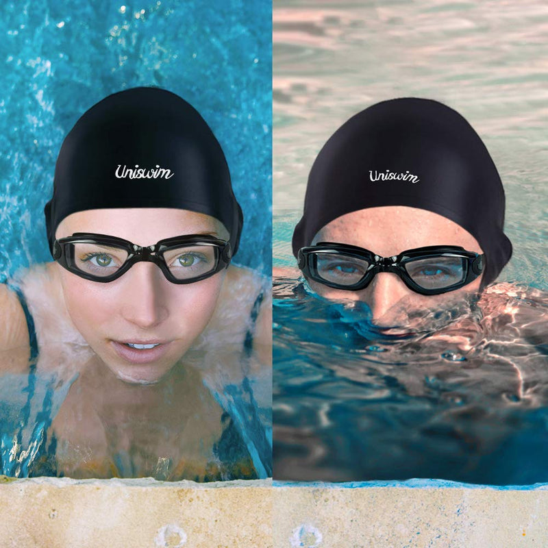 Uniswim Swimming Goggles Swim Cap Set,Anti Fog Swim Goggles Silicone Swimming Cap for Adults Black - BeesActive Australia