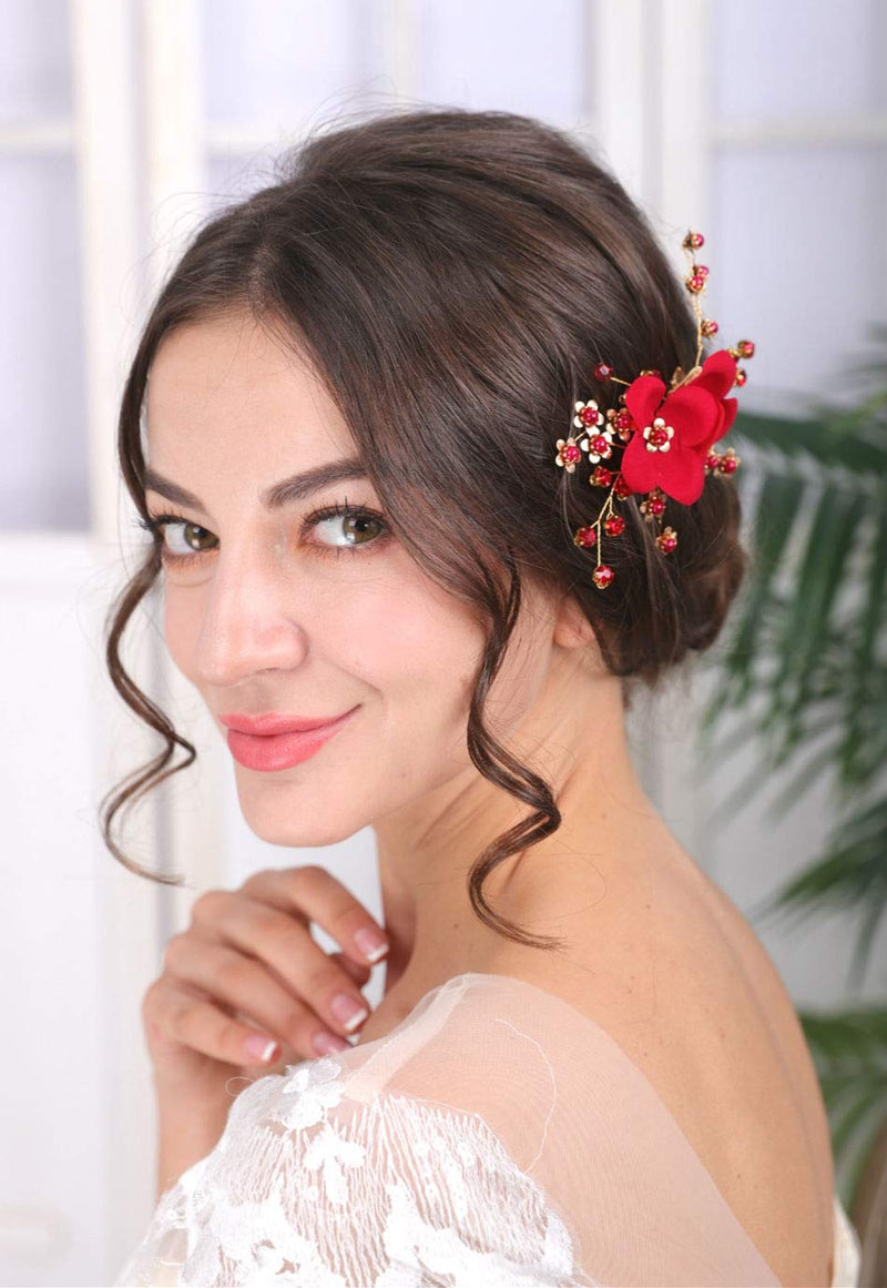 Sither Red Hair Clip for Bridal Floral Hair Comb for Women Wedding Hair Accessories for Bride Hair Clip Headpiece for Wedding Party Prom Gift - BeesActive Australia