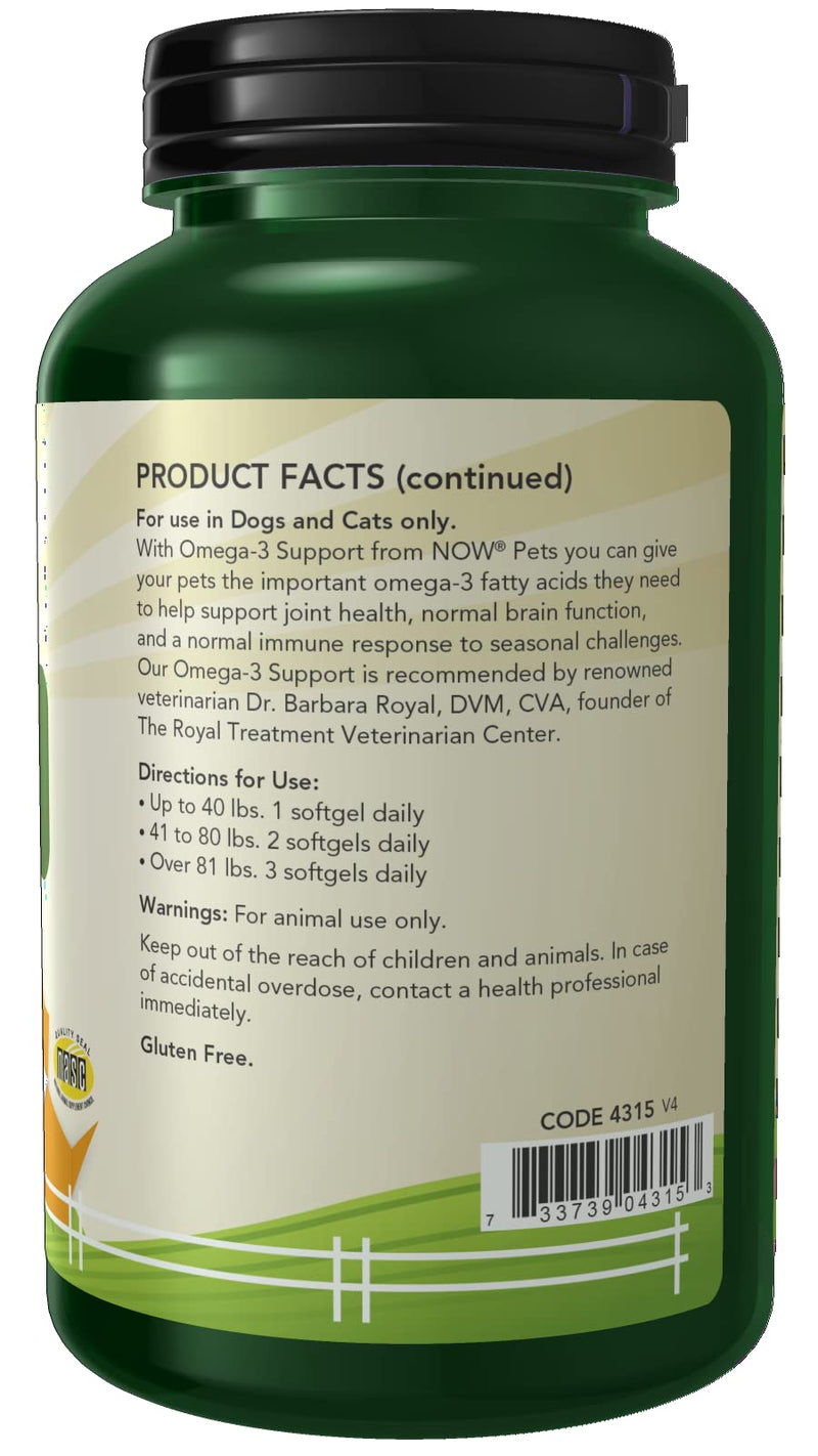 NOW Pet Health, Omega 3 Supplement, Formulated for Cats & Dogs, NASC Certified, 180 Softgels - BeesActive Australia
