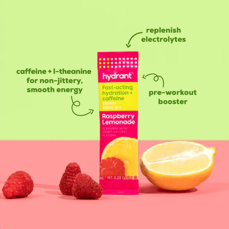 Hydrant Energy, Individual Caffeinated Hydration Powder Stick Packets with 100mg of Caffeine, Electrolytes, and L-Thenanine (Raspbery Lemonade, 30 Count) Raspberry Lemonade 30 Servings (Pack of 1) - BeesActive Australia