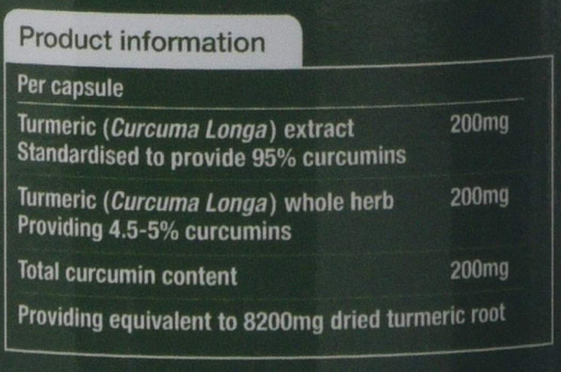 Natures Aid Turmeric 8200 mg, High Potency Extract plus Whole Herb, 200mg Curcumins, Vegan, 60 Capsules 60 Count (Pack of 1) - BeesActive Australia