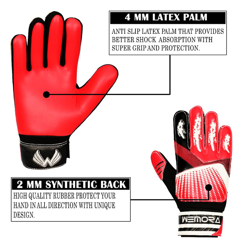 WEMORA Soccer Goalie Gloves for Kids Youth Junior Boys 4mm Anti Slip Latex Palm Grips Football Goalkeeper Gloves Red Size 5 suitable for 9 to 12 years old Ambidextrous - BeesActive Australia