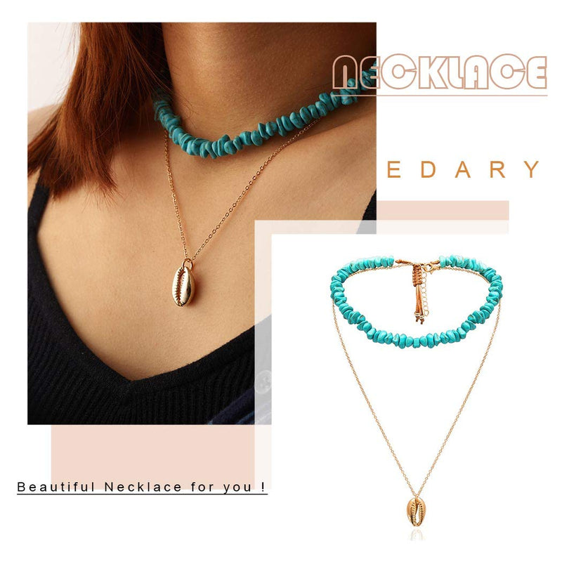 Edary Boho Turquoise Necklaces Shell Pendant Chain Double Layered Necklace Jewelry for Women and Girls - BeesActive Australia