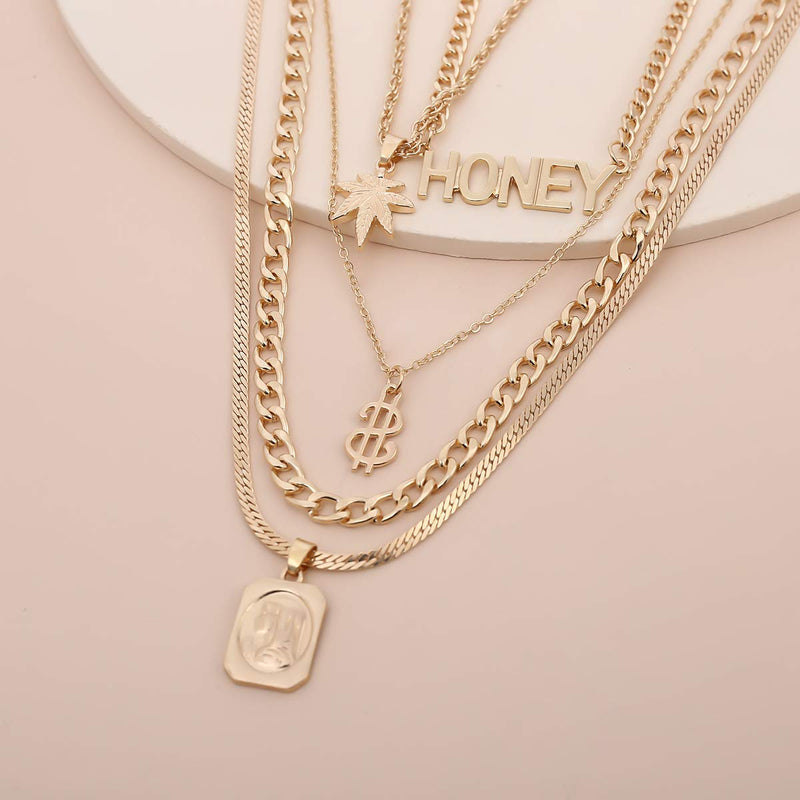 Kercisbeauty Gold Multi Layered Chunky Chain Choker Necklace for Women and Girls Snake Bone Chain Charm Maple,Dollar Pendant Jewelry - BeesActive Australia