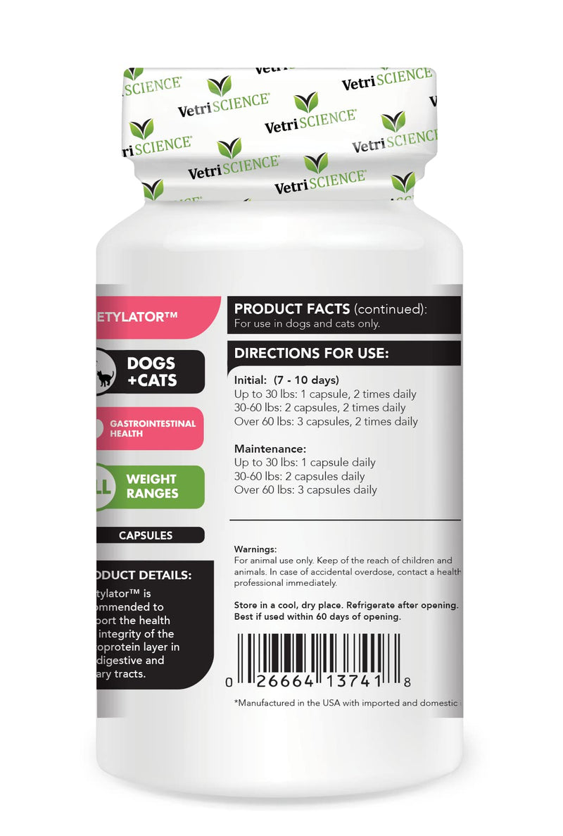 VetriScience Laboratories - Acetylator, Digestive Health Supplement for Cats and Dogs, 120 Capsules - BeesActive Australia