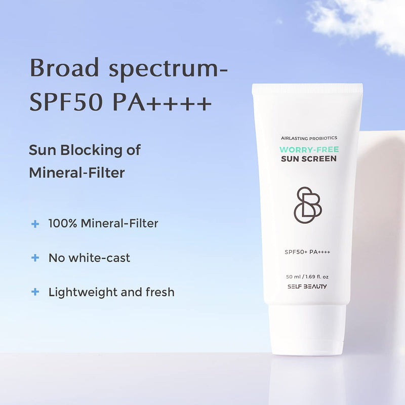 SELF BEAUTY Ultra Lightweight Mineral Facial Sunscreen SPF50 1.69 fl.oz - Broad Spectrum PA++++ No-White Cast Non-Greasy Hydrating with Hyaluronic Acid Sheer Tinted Satin Finish 50ml 1. Mineral(Lightweight) - BeesActive Australia