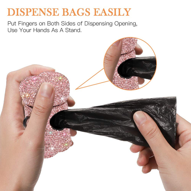 SAVORI Dog Poop Bag Holder Bling Rhinestone Poop Bag Leash Dispenser for Pet Dog Doggy Waste Bags with Metal Carabiner Clip Includes 10 Roll 150 Bags Pink - BeesActive Australia