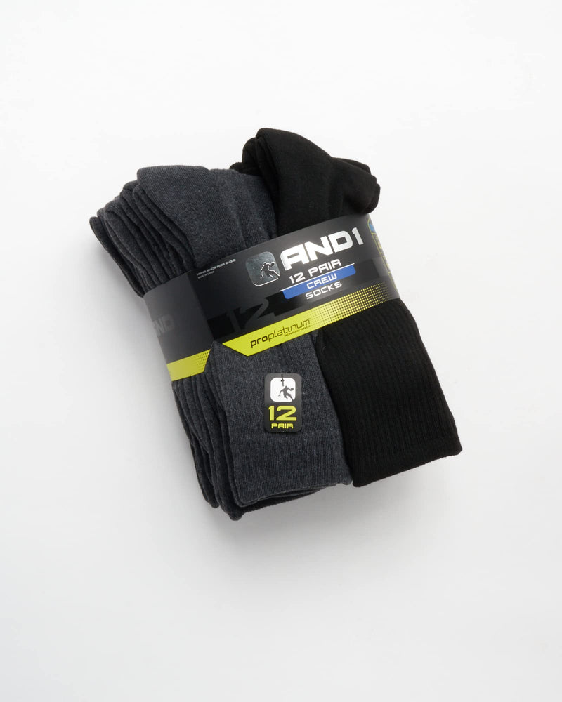 AND1 Men's Athletic Arch Compression Cushion Comfort Crew Socks (12 Pack) Black/Gray 6-12.5 - BeesActive Australia