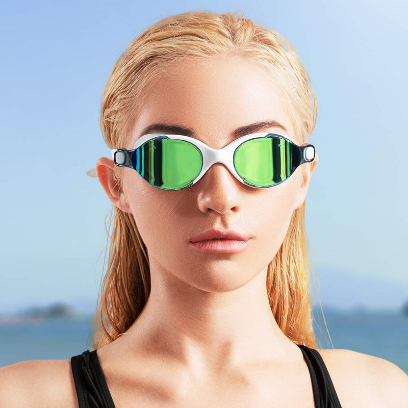 COPOZZ Upgraded Seal Swim Goggles, Swimming Reflective Mirror/Clear No Leaking Goggles White Frame Mirror Gold - BeesActive Australia