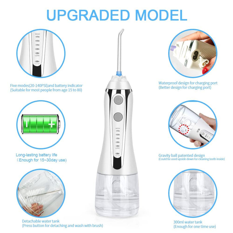 H2ofloss Cordless Water Dental Flosser, Portable Oral Irrigator for Teeth, Braces, Rechargeable & IPX7 Waterproof Teeth Cleaner for Home Travel White - BeesActive Australia