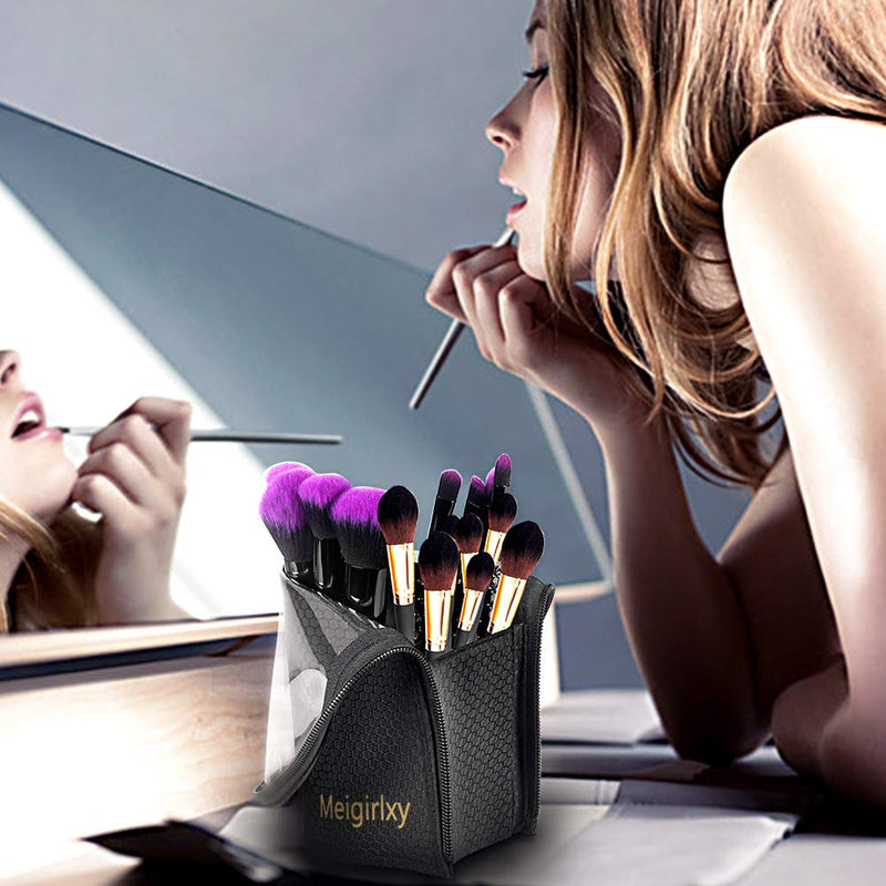 Makeup Brush Holder, Meigirlxy Travel Makeup Brush Organizer Case, Clear Plastic Cosmetic Zipper Pouch with Divider Black & Clear - BeesActive Australia