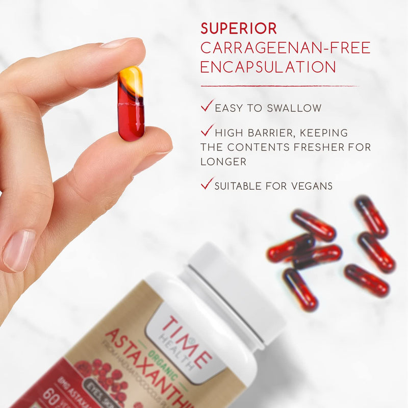 Organic Astaxanthin Oil 8mg - Pure & Natural Astaxanthin - 60 Capsules - Carrageenan Free - Super Antioxidant - Premium Algamo� Oil - Haematococcus Pluvialis - UK Made - Zero Additives - EU Source 60 Count (Pack of 1) - BeesActive Australia