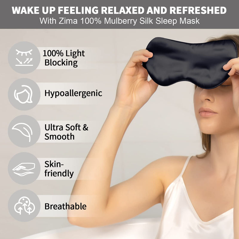 ZIMASILK 100% 22 Momme Pure Mulberry Silk Sleep Mask,Filled with 100% Mulberry Silk，Silk Wrapping Strap- Super Soft & Comfortable Sleep Eye Mask for Sleeping (Black) Black - BeesActive Australia