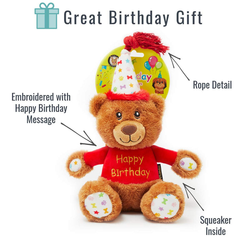 PET London Happy Birthday Bear Dog Toy - Present to Celebrate Dog's Bday or Adoption - Soft Plush Teddy Gift for Dog or Pup with Embroidered Birthday Message, Squeaky, Stylish Great Animal Gift - BeesActive Australia