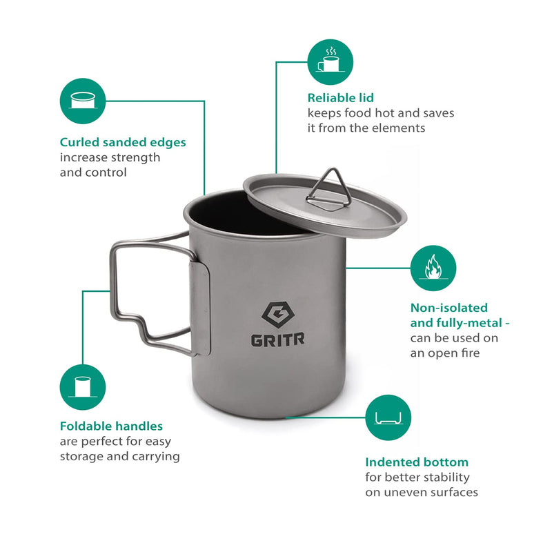 GRITR Titanium Cup 15.2 oz / 450ml Lightweight Titanium Multi-Purpose Camping Mug with Lid and Folding Handles - BeesActive Australia