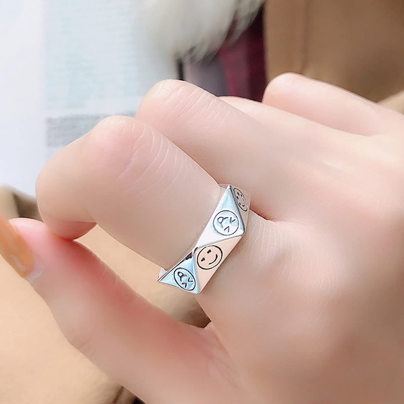 Smiling Face Statement Ring Vintage Smile Band Adjustable Open water chestnut Fashion Ring Jewelry for Women Girls (Silver A) Silver A - BeesActive Australia