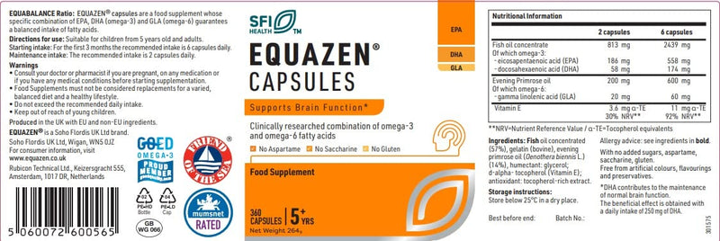 EQUAZEN Family Capsules | Omega 3 & 6 Fish Oil Supplement | Supports Brain Function | Blend of DHA, EPA & GLA | Suitable for Children 5+ to Adults | 360 Capsules 360 Count (Pack of 1) - BeesActive Australia
