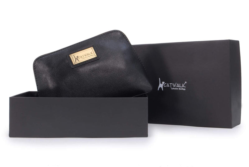 CATWALK COLLECTION HANDBAGS - Women's Vintage Leather Cosmetic Clutch / Makeup Pouch / Travel Beauty Bag - Emma - Black - BeesActive Australia