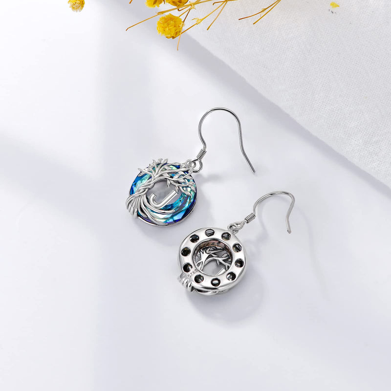 TOUPOP Earrings for Women Tree of Life Earrings with A-Z Initial Letter 925 Sterling Silver Hooks Drop Earrings Tree Dangle Earrings with Blue Circle Crystal Birthday Jewelry Gifts for Women Girls Friends J - BeesActive Australia