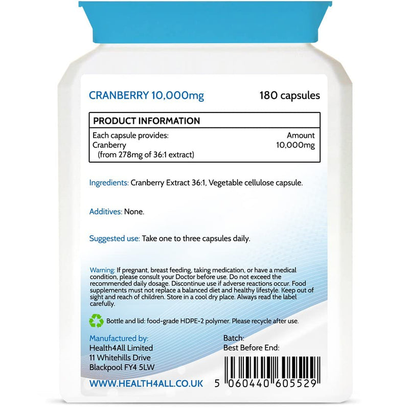 Cranberry 10,000mg 180 Capsules Purest: no additives, Vegan Capsules (not Tablets). Made in The UK by Health4All 180 count (Pack of 1) - BeesActive Australia
