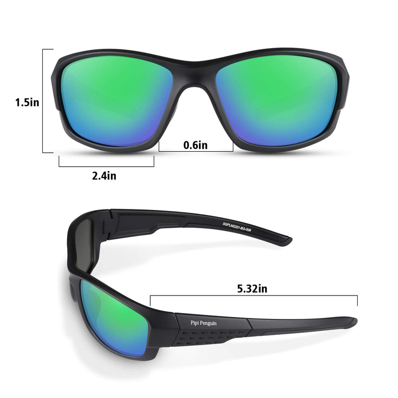 Pipi Penguin Polarized Sports Sunglasses for Men Women Fishing Cycling Running Trekking,UV Protection Matt Black Frame-green Lens - BeesActive Australia