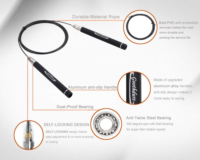 Goothdurs Speed Jump Rope Tangle-Free with Ball Bearing - Adjustable & Self-Locking Aluminum Skipping Ropes with Carrying Pouch Ideal for Crossfit Training, Boxing, and MMA Workouts A1.1-Black 10 ft(for Height>5'9") - BeesActive Australia