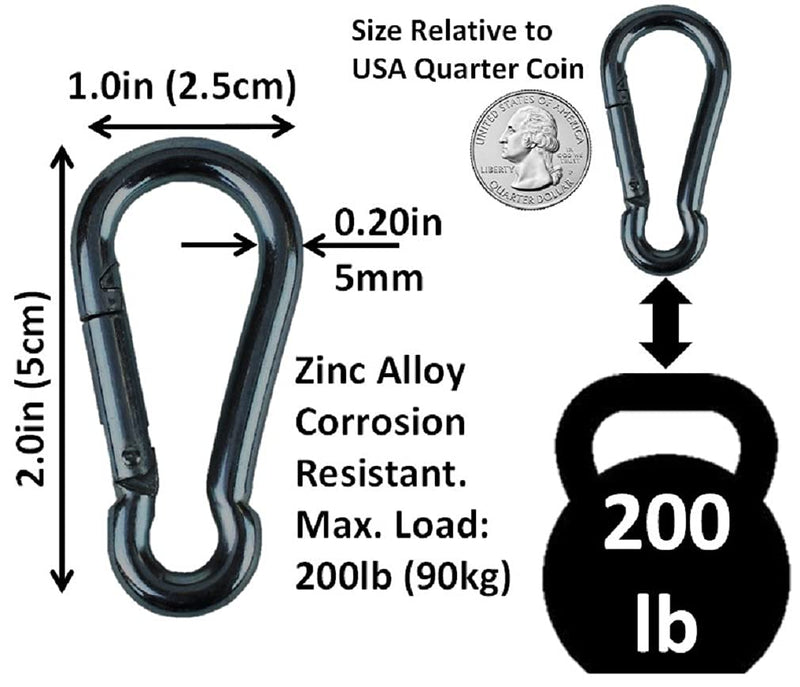 Branded Boards Black & Silver Heavy Duty Bushcraft Zinc-Galvanized Steel Carabiner Spring Snap Clip Link Hooks. 200-400lb Load. 6 Packs, 12 Packs and Variety Packs. Black-5cm-12 Pack - BeesActive Australia