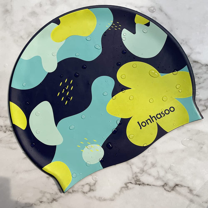 Jonhasoo Swim Cap Women, Silicone Swimming Cap for Long Hair with Flower Printed Navy - BeesActive Australia