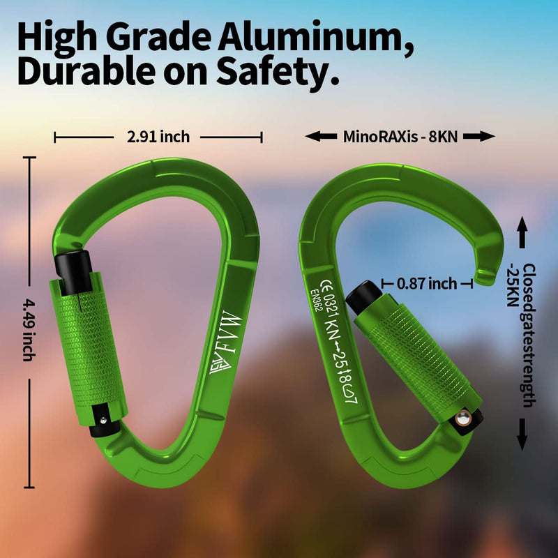 FVW Auto Locking Rock Climbing Carabiner Clips,Professional 25KN (5620 lbs) Heavy Duty Caribeaners for Rappelling Swing Rescue & Gym etc,Large Carabiners,D-Shaped 2pcs-green - BeesActive Australia