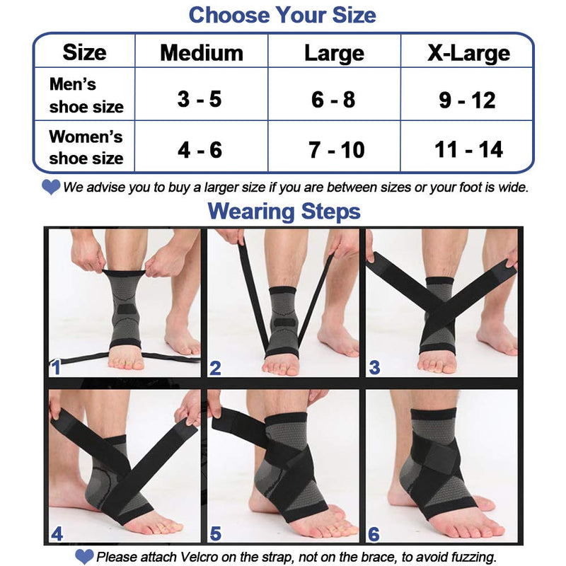 Beister 1 Pair Ankle Brace Compression Support Sleeve for Women and Men, Elastic Sprain Plantar Fasciitis Foot Socks for Injury Recovery, Joint Pain, Achilles Tendon, Heel Spurs XL (Pack of 2) Gray & Black - BeesActive Australia