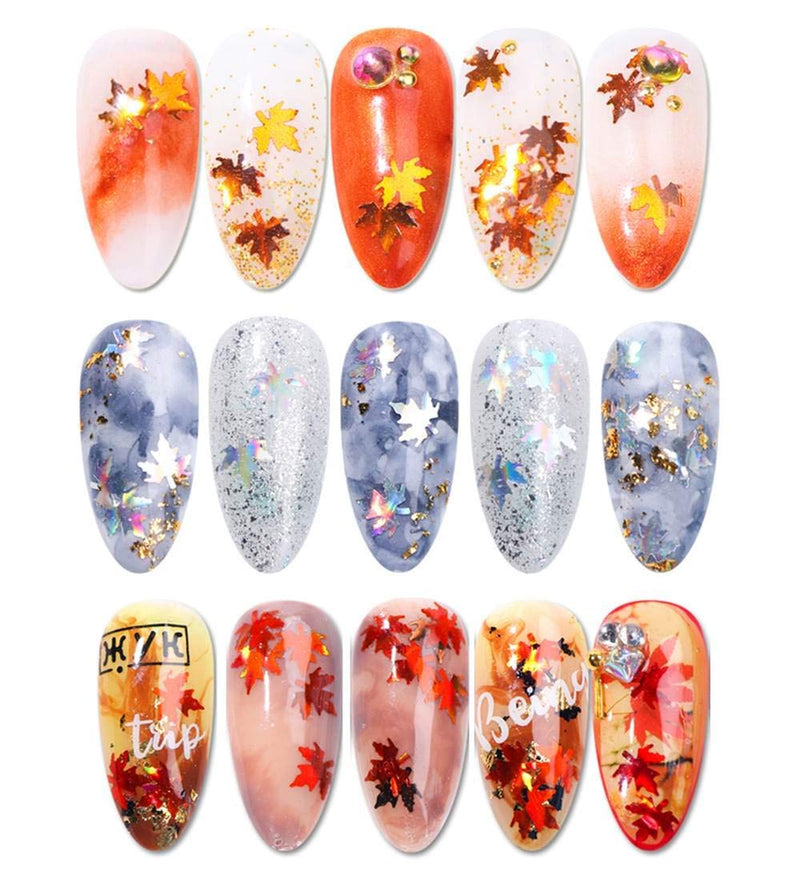 VellMix Fall Nail Art Stickers Decals Maple Leaf Glitter Fall Nail Art Supplies Nails Decorations Manicure Tips Accessories 12 Colors Autumn Gradient Leaf Holographic Nail Sequins for Acrylic Nails - BeesActive Australia