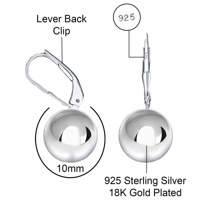 Savlano 925 Sterling Silver Classic Leverback Round Bead Ball Drop Earrings - 18K Gold Plated Bead Ball Earrings for Women & Girls Available in 6MM, 8MM, 10MM &12MM-Made in Italy Comes With Savlano Gift Box 12MM Gold Plated White - BeesActive Australia