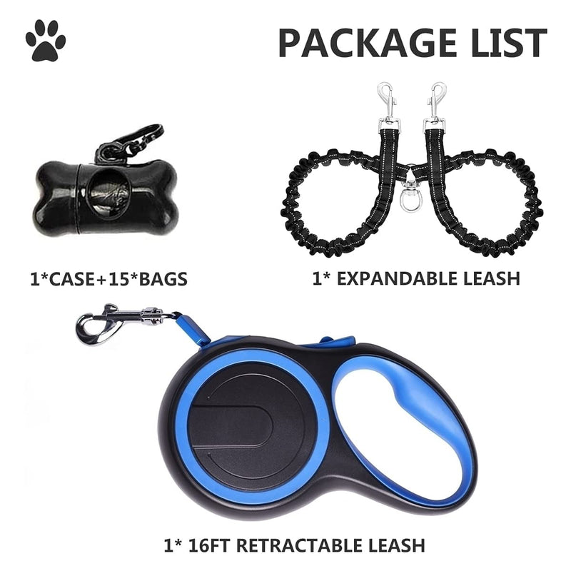 Dual Retractable Dog Leash for Walking 2 Small-Large Dogs up to 44lbs / 20 kg,Double Headed 16 ft Extendable Dog Leash with Poop Bags--Non Slip Grip, 360 Tangle-Free,One Button Break & Lock Blue Medium - BeesActive Australia