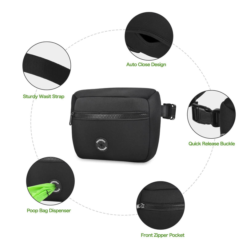 Petmolico Neoprene Dog Treat Pouch, Auto Closed Dog Training Pouch Fanny Pack Wasit Bag with Dog Poop Bag Dispenser for Hands-Free Dog Walking Black - BeesActive Australia