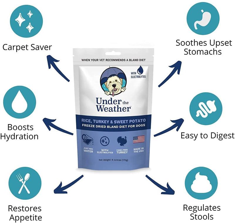 Under the Weather Easy to Digest Bland Dog Food Diet for Sick Dogs | Contains Electrolytes - Gluten Free, All Natural, Freeze Dried 100% Human Grade Meats | 6 Pack - Rice, Chicken & Bone Broth Rice, Turkey & Sweet Potato 6 Ounce (Pack of 2) - BeesActive Australia