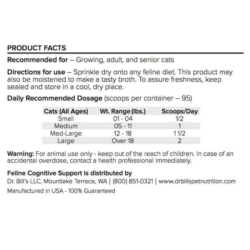 Dr. Bill's Feline Cognitive Support | Pet Supplement | Memory Support Supplement for Cats | Contains Gingko Biloba, L-Carnosine, Vitamin B-12, L-Glutamine, L-Tyrosine, and DHA - BeesActive Australia