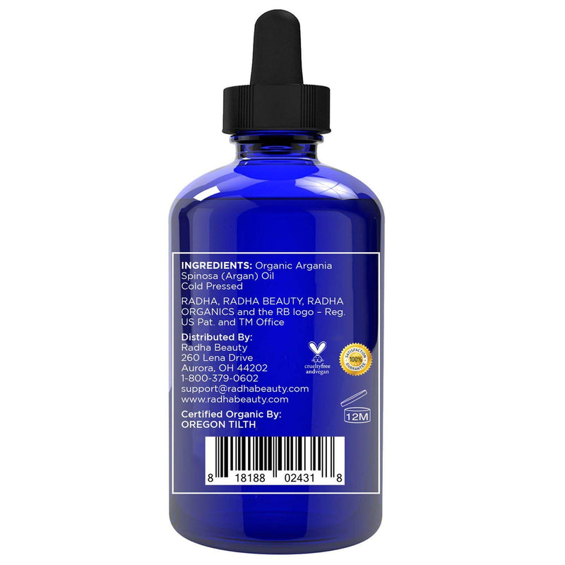 Radha Beauty Argan Oil USDA Certified Organic, 4 oz. - 100% Pure Cold Pressed Moisturizing Anti-Aging Oil for Face, Skin, Hair, Men & Women - BeesActive Australia