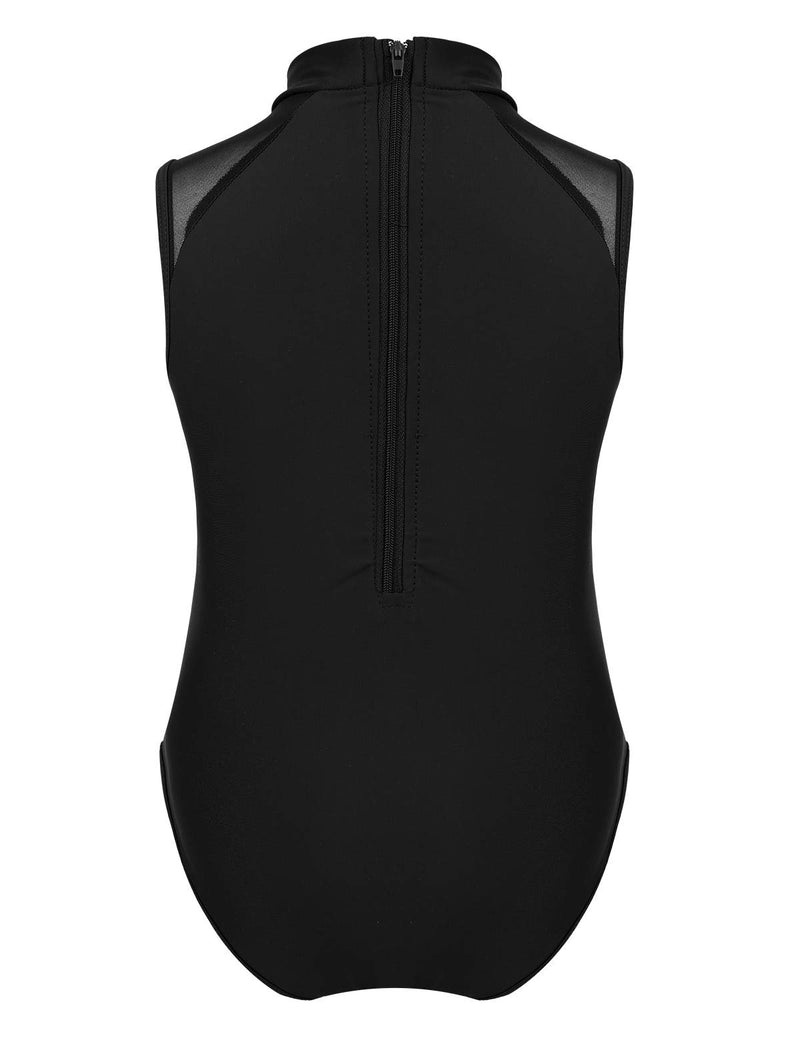 [AUSTRALIA] - moily Kids Girls High Turtleneck Zipper Back Tank Leotard with Mesh Shoulders Gymnastics/Dance/Sports Unitard Black 12-14 