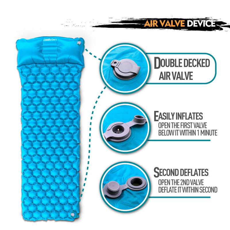 ZOOOBELIVES Ultralight Sleeping Pad with Built-in Pillow, Inflatable Camping Mattress for Backpacking, Traveling and Hiking, Compact and Portable Camp Mat Aqua Blue - BeesActive Australia