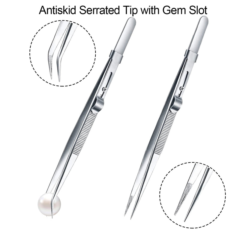 2 Pack Professional Diamond Tweezers Jewelry Gem Stone Tweezers Precision Tweezers Stainless Steel Slide Locking Non-slip Pointed Tip Tweezers with Slot for Jewelry Makeing Craft - BeesActive Australia