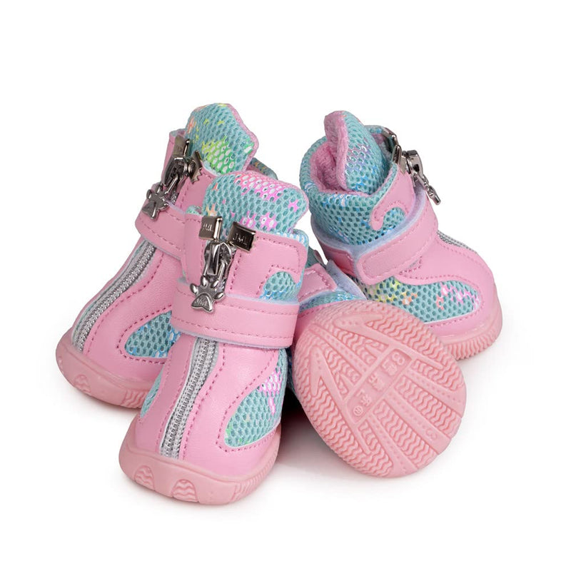 Hdwk&Hped Small Dog Boots, Breathable Mesh Summer Dog Shoes Pink Stylish PU Dog Girl Booties with Durable Non-Slip Rubber Sole Fluorescent Style - Pink #4 (10~15lb) - BeesActive Australia