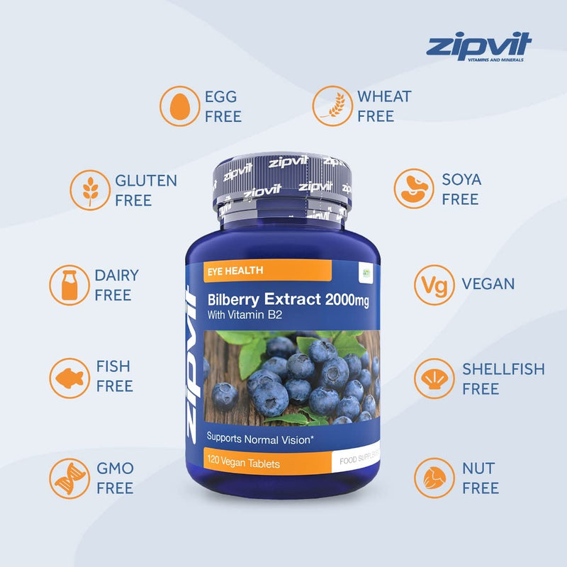 Bilberry Extract 2000mg with Added Vitamin B2, 120 Vegan Tablets. Supports Normal Vision. Vegetarian Society Approved. UK Supplier - BeesActive Australia