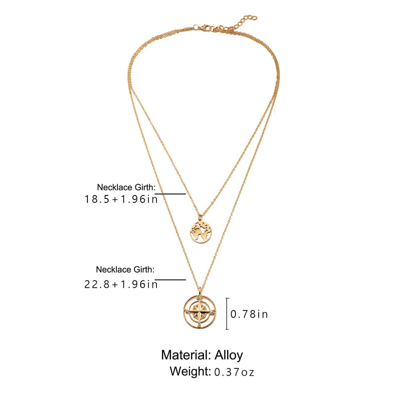 Edary Double Layered Necklace Compass Pendant Gold Map Necklaces Chain Jewelry Accessories for Women and Girls. - BeesActive Australia